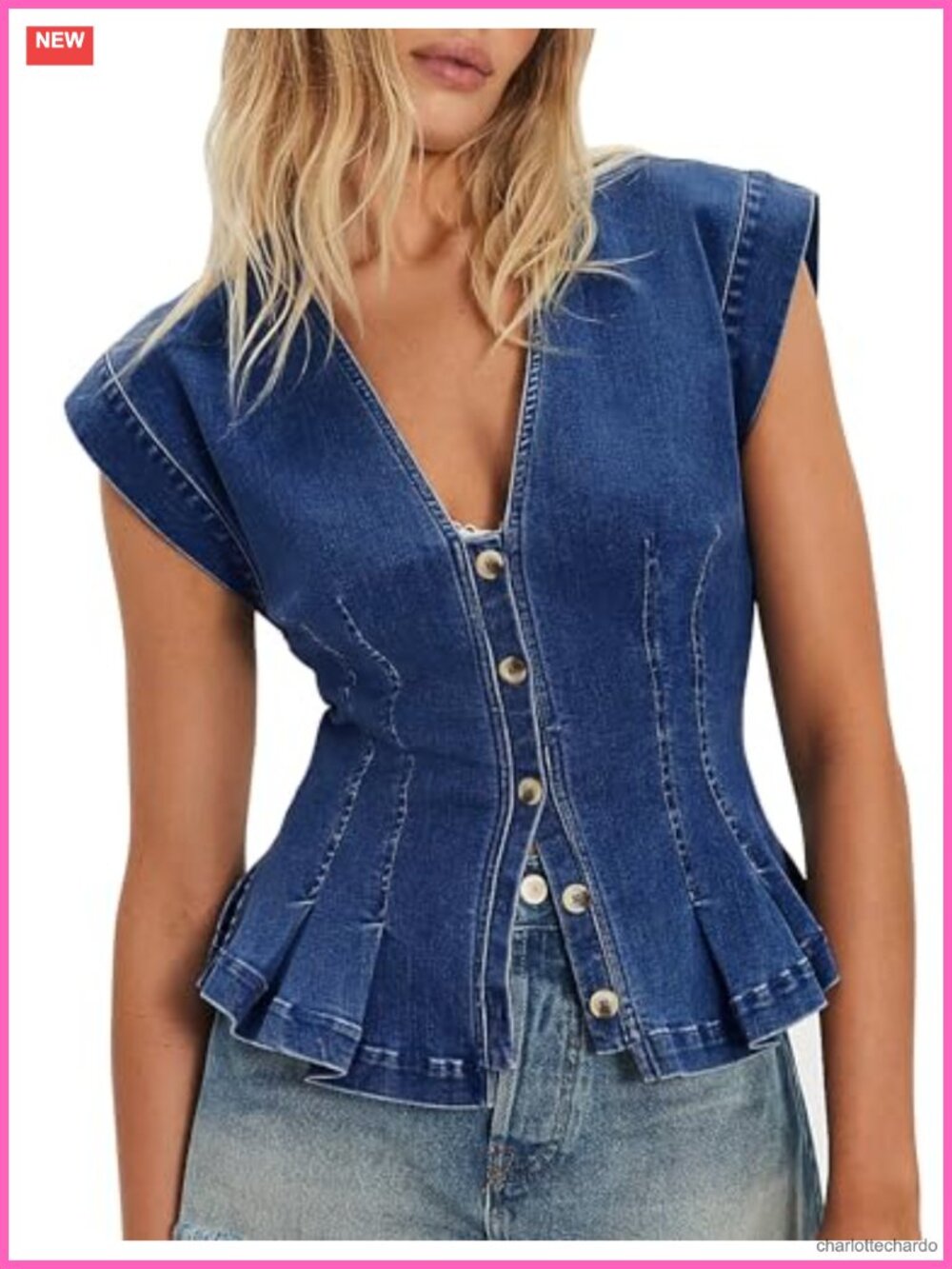 Women's Cropped Denim Vest Pleated Button Down V-Neck Jean Top